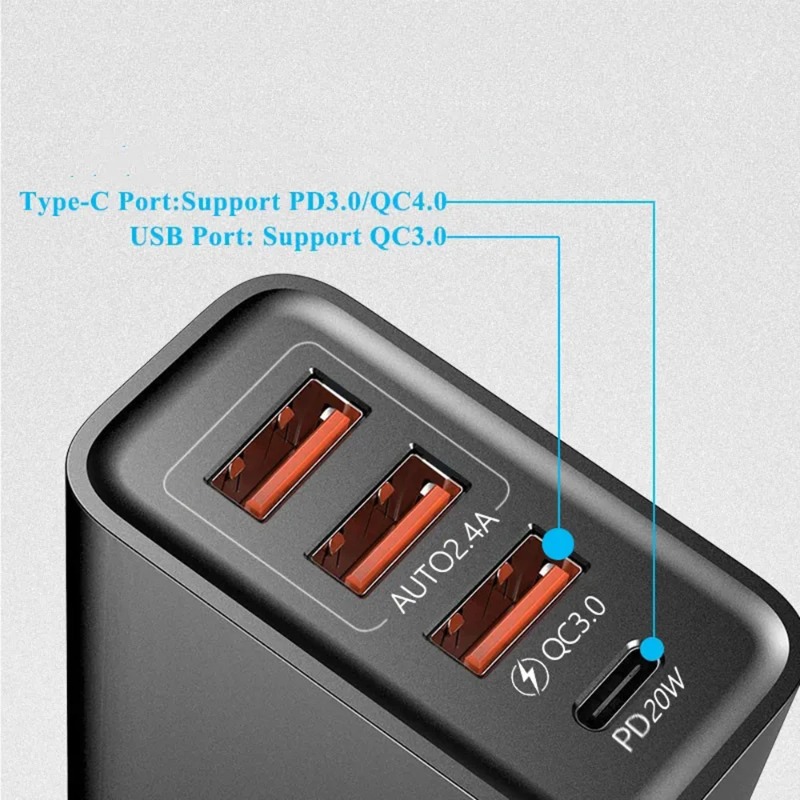 60W USB-C Wall Charger Type C + 4 Port USB Fast Charging Mobile Phone Charger PD Quick 3.0 Charge EU/US Plug Power Adapter For iPhone Xiaomi Samsung H