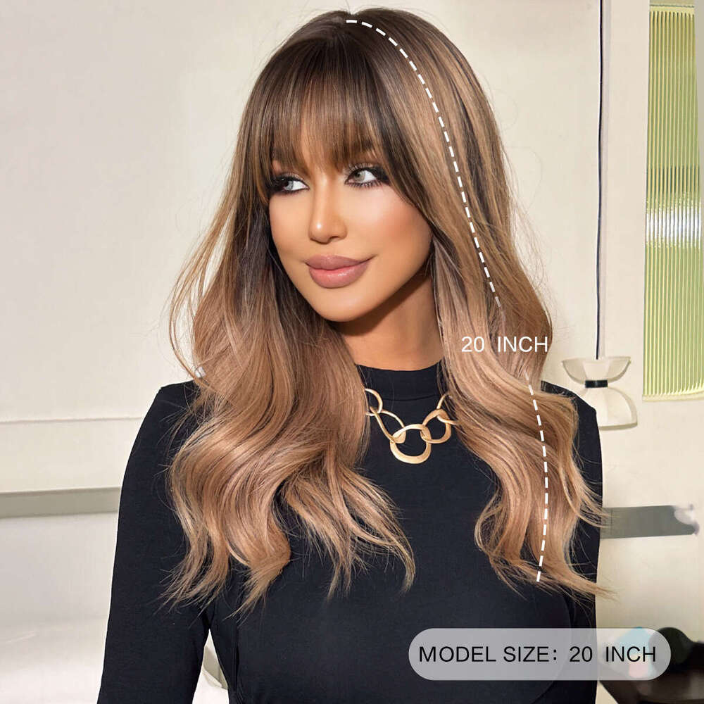 New Japanese And Korean For Women Long Hair In Cocoa Gold, Dyed With Bangs, Curly Hair, Synthetic Mechanism Wig