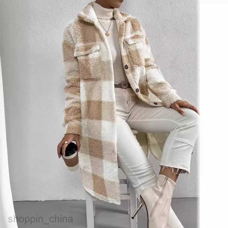 Women Jackets Coats Autumn and Winter Open Collar Plush Checkered Coat Loose Temperament Commuter Long Coat for Women