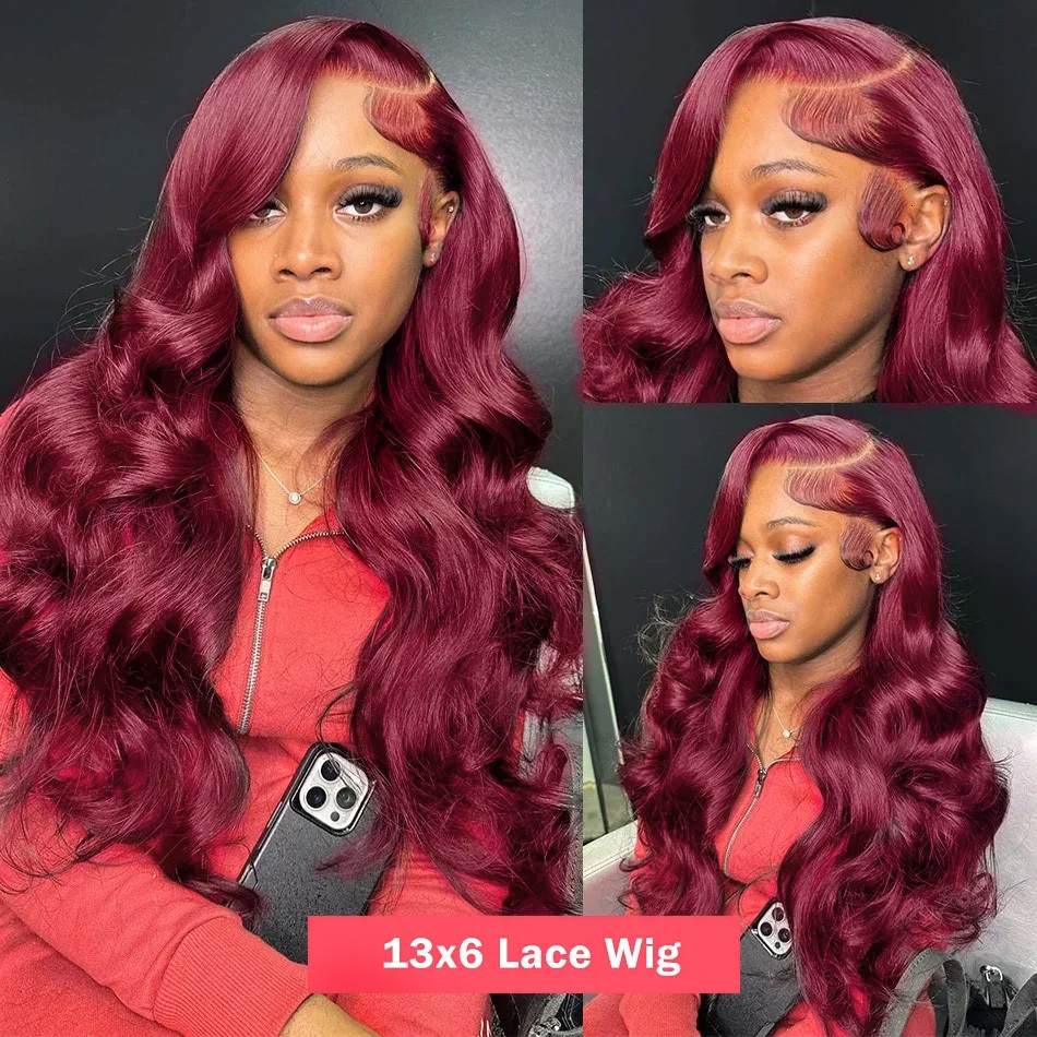 99J Bury 13X6 200 Density Frontal Wigs Human Hair Body Wave 30 32Inch 13X4 Lace Front Wig HD Transparent Wine Brazilian