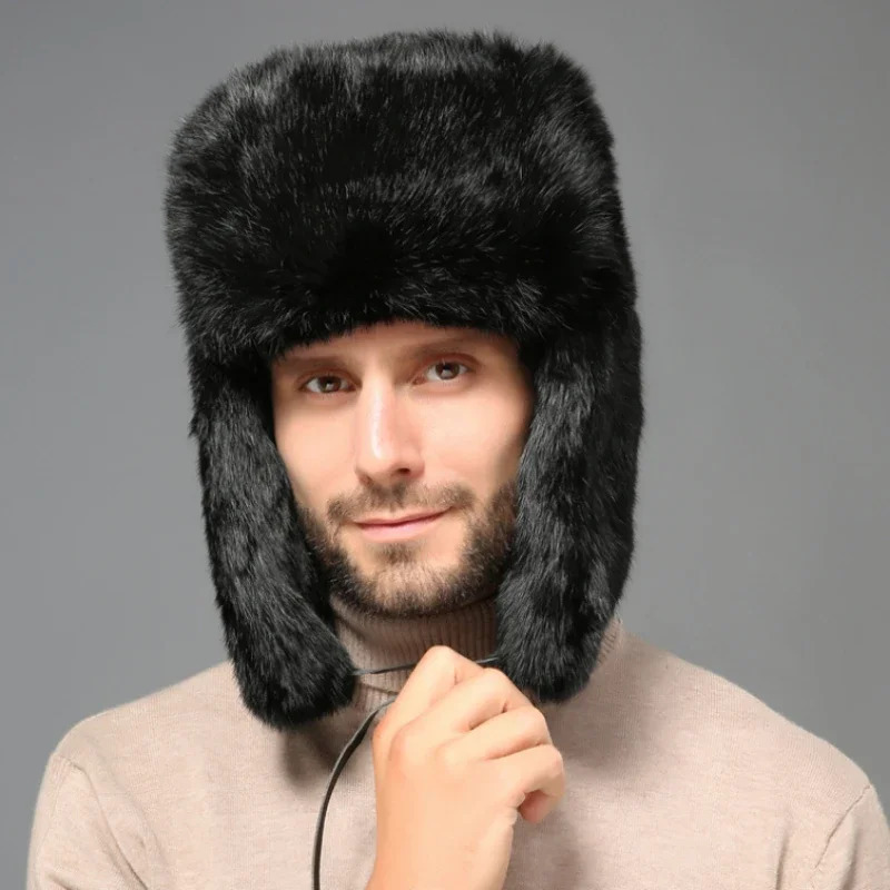 Winter Russian Man Woman Wholeskin Faux Rex Rabbit Fur Hats Faux Sheep Skin Leather Cap Fur Bomber Hat Ushanka Hats 241009