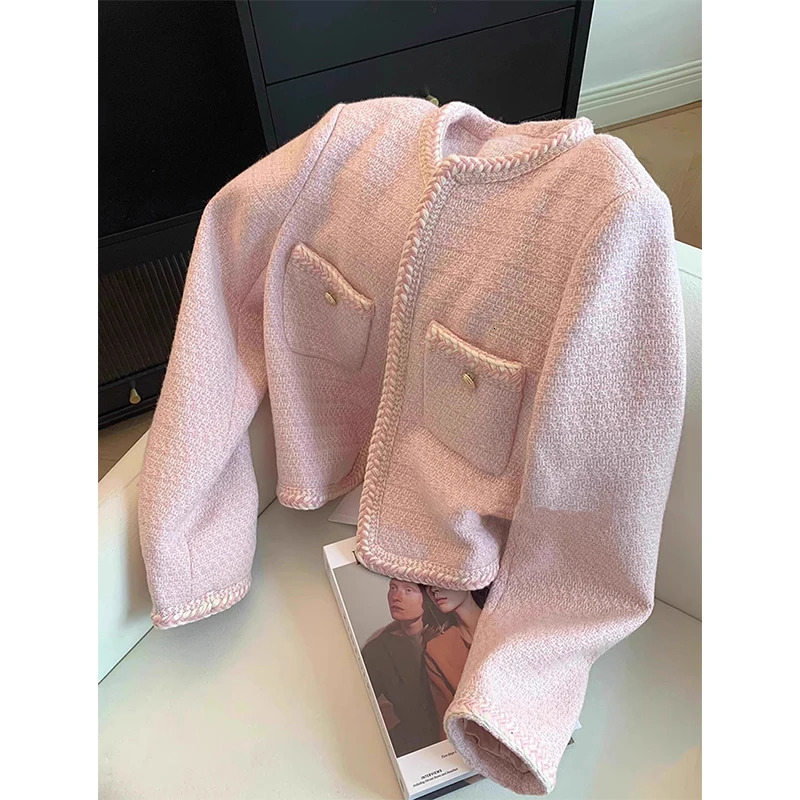 MEXZT Elegant Tweed Jacket Women Sweet Cropped Pink Coat Winter Korean Single Breasted Blazer Ladies Vintage Short Outerwear 241017