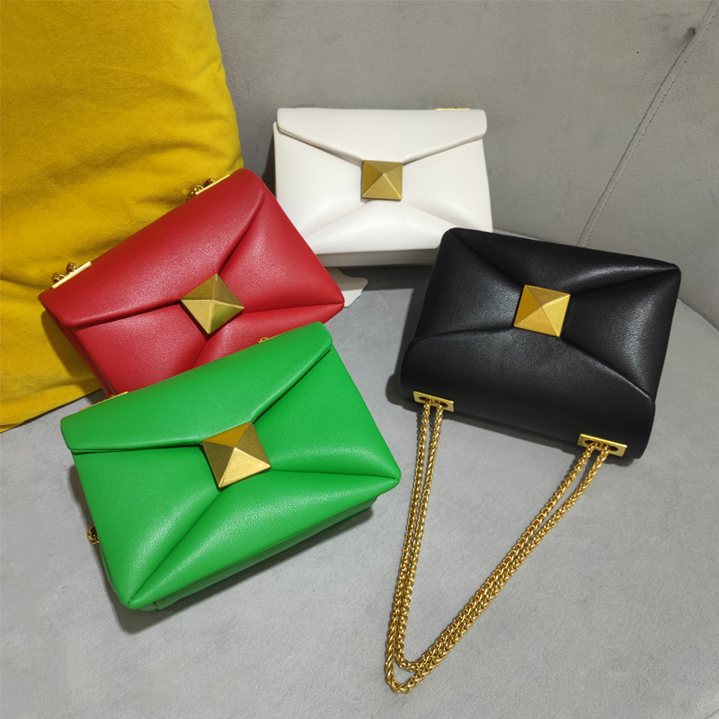 Cowhide Designer Leather Handbag Golden Big Rivet Chain Shoulder Small Purse Fashion Green Tote Bag Crossbody Women