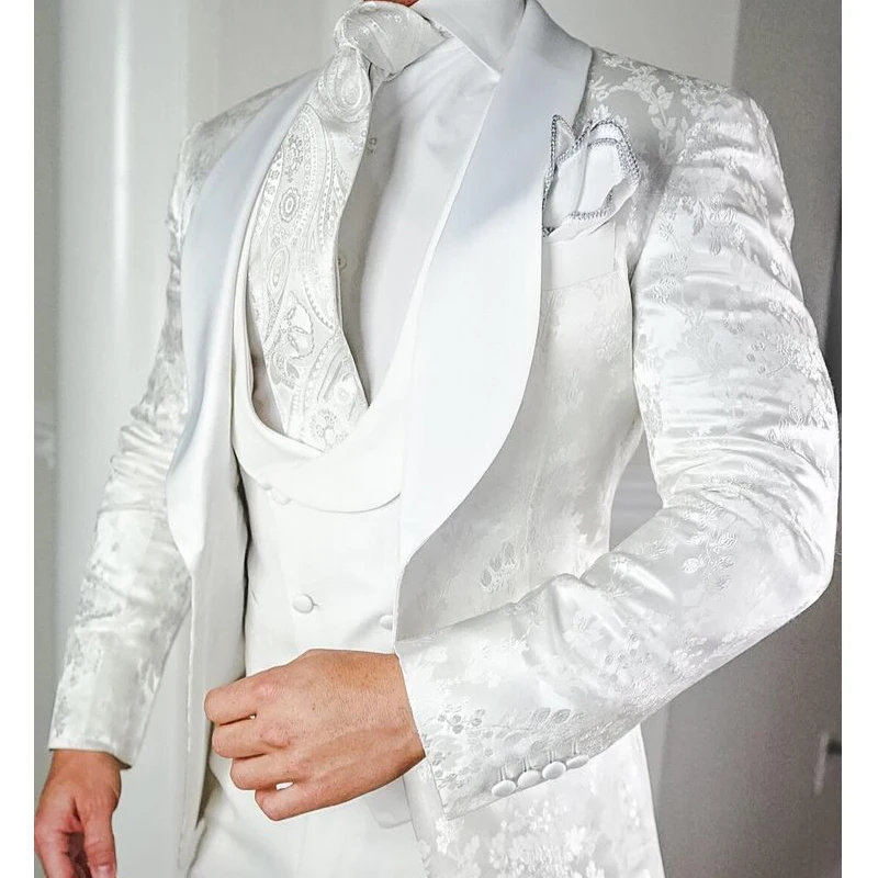 White Floral Wedding Tuxedo For Groom Slim Fit Men Suits With Satin Shawl Lapel Custom 3 Pieces Male Fashion Costume Jacket Vest