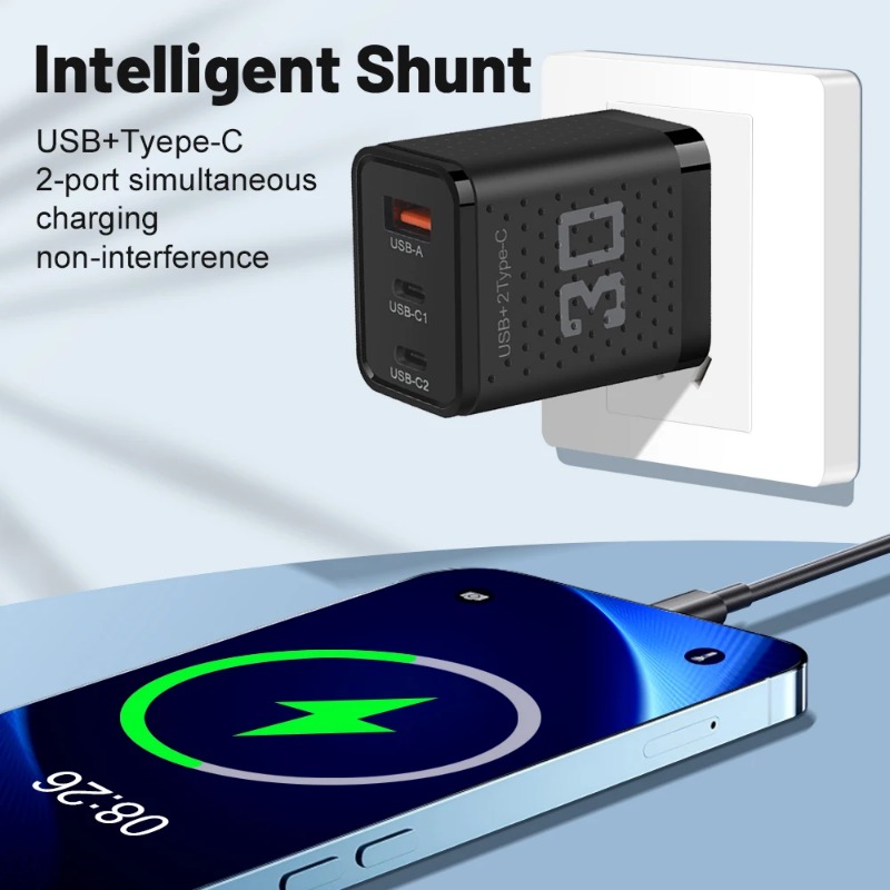 3Ports USB C Charger Fast Charging Wall Charger 30W Type C Power Adapter + 2USB A Wall Plug For iPhone Samsung Xiaomi Huawei Mobile Phone Adapter