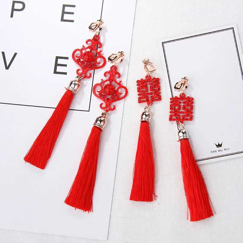 Chinese style red tassel pendant earrings womens fashion ethnic geometry charm clip on jewelry party gifts W241017