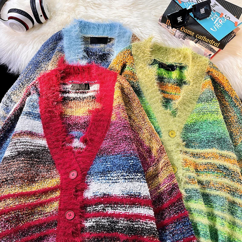 2024 Men Autumn Winter Striped Knitted Jackets Male Oversize Long Sleeve Cardigans Mens Vneck Casual Sweater Coats S414 241017
