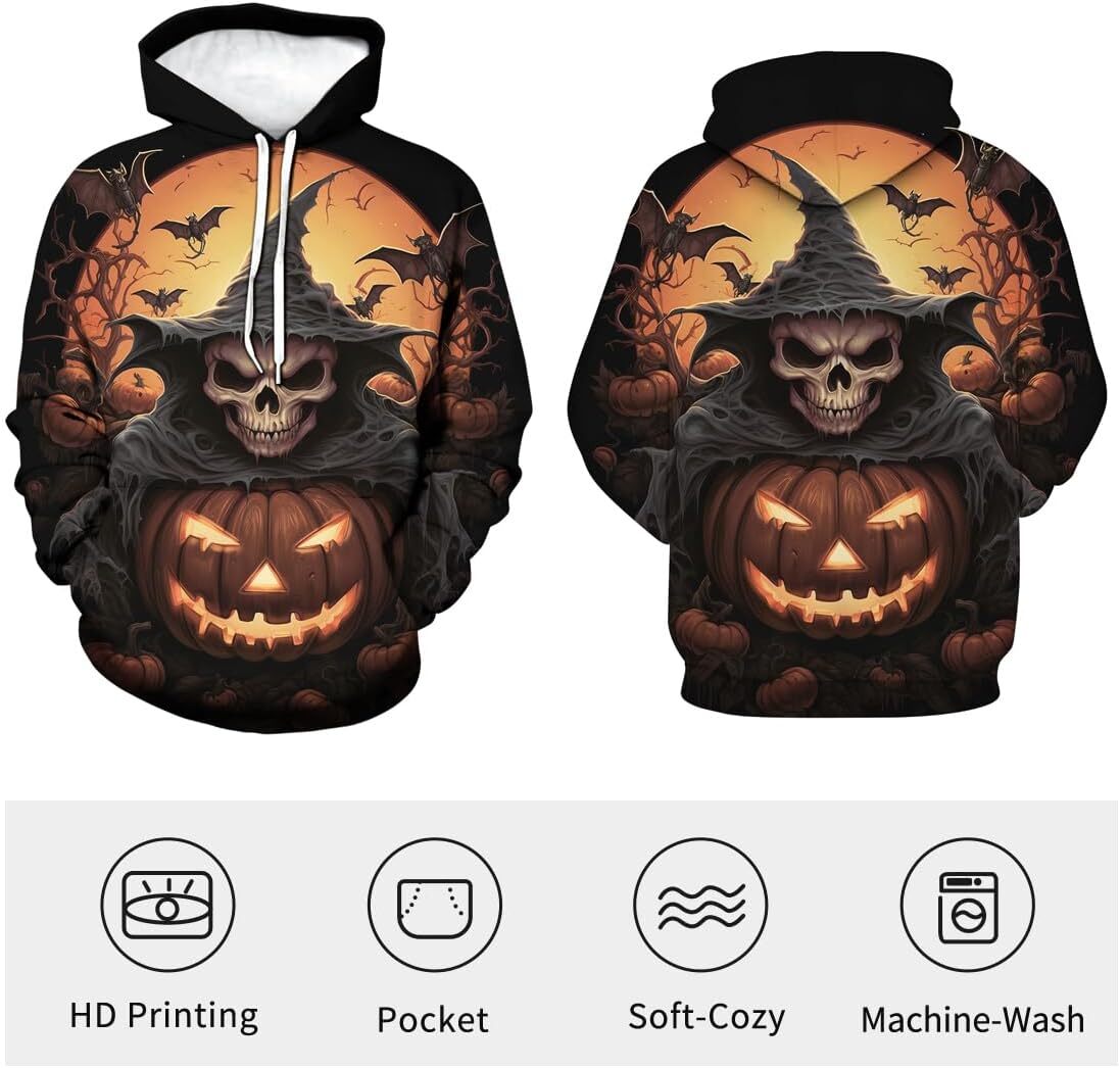 Hoodie for Mens Womens Vintage 3D Halloween Skull Pumpkin Hoodie Mens Skeleton Castle Graphic Sweatshirts Pullover, Black GraphicPullover Long Sleeve