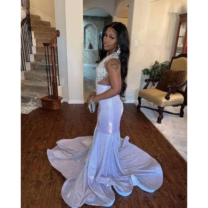 Size Aso Plus Arabic Ebi Sier Beaded Crystals Prom Dresses Sheer Neck Mermaid Sequined Evening Formal Party Second Reception Gowns Dress Custom Made