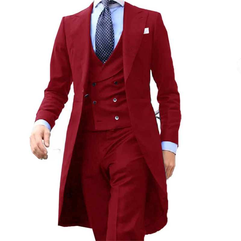 Formal Men Suits with Long Smoking Jacket Slim Fit 3 Pieces Wedding Tuxedo Tailor Made Groom Prom Party Blazer Latest Coat Pants Design
