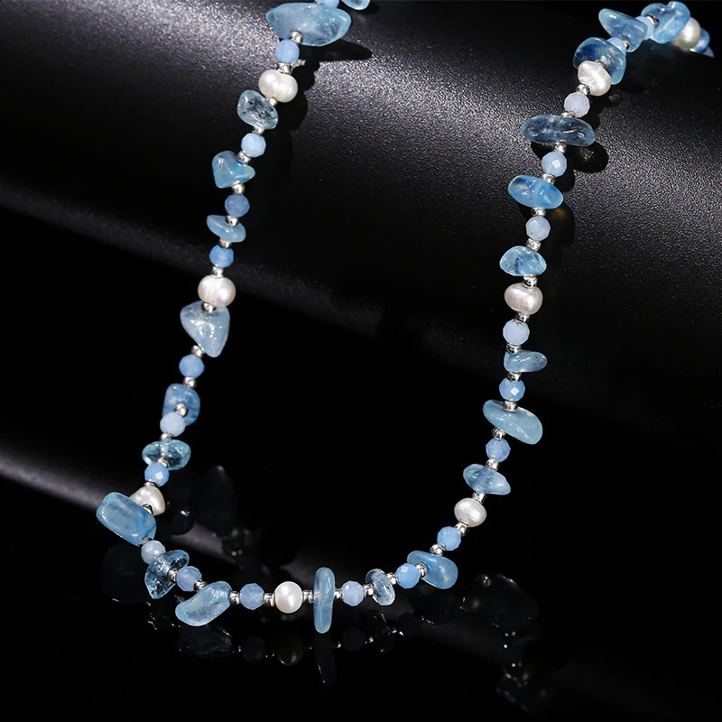 JD Natural Sea Blue Gemstone Irregular Gravel Chip Stone Chain Necklace Womens Spiritual Healing Handmade Gemstone Bead Necklace Couple Gift 241017
