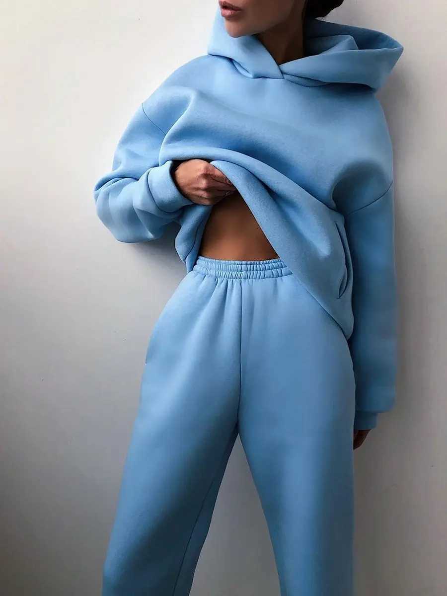 Womens Tracksuit Suit Winter Fashion Warm Hoodie Sweatshirts Two Pieces Oversized Solid Casual Hoody Pullovers Long Pant SetsX241016