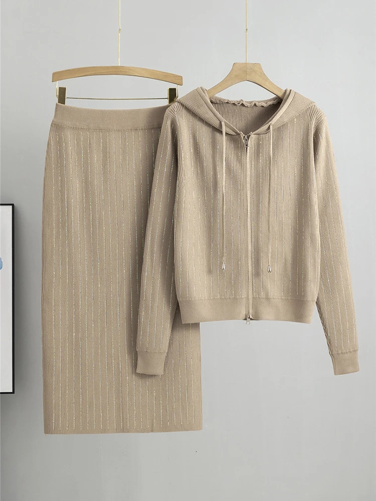 Hoodie Knitted Sweater 2-piece Set Womens Diamond Striped Ultra Thin Dress Conjuno Fashion Sweater Cardigan Ensemble Faldas Set 241017