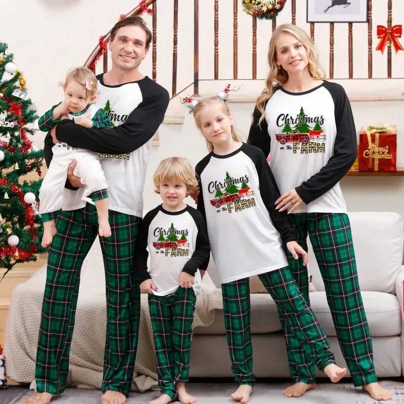 Christmas Set Spring and Autumn Family Matching Pajama Set Christmas Tree Printed Green Checkered Pants 2-piece Set Pajama Set E105 W241015