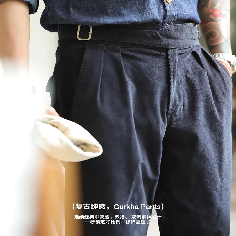 Maden Retro Corduroy Gurkha Mens Adjustable Double Waist Label Solid Color Straight Casual Pants Autumn Trouser 241017