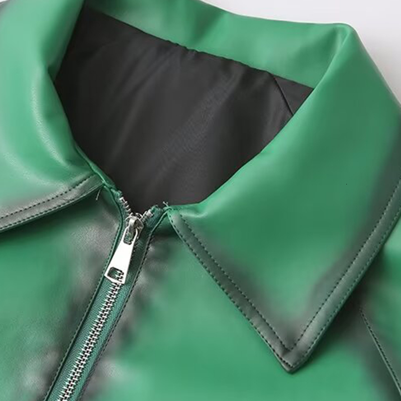 Leather Women's With Zipper Femme Jaqueta Green Long Sleeve Elegant Fashion 2024 Inszart Woman Jackets Coat