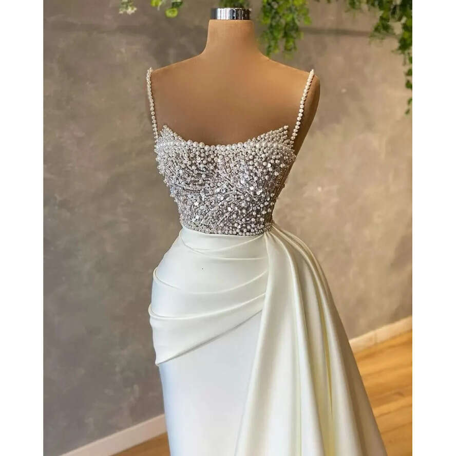 Spaghetti Party Pearls Long Evening Dress Beading Sequins Ruched Prom Gowns Satin Sweep Train Mermaid Dresses Pro232 es
