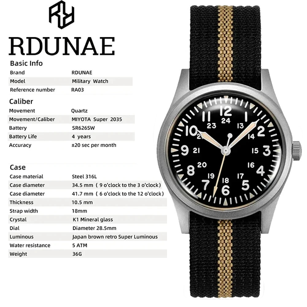 RDUNAE 345mm Mens Quartz Watch Retro G10 Military Sanyota 2035 Movement 241009