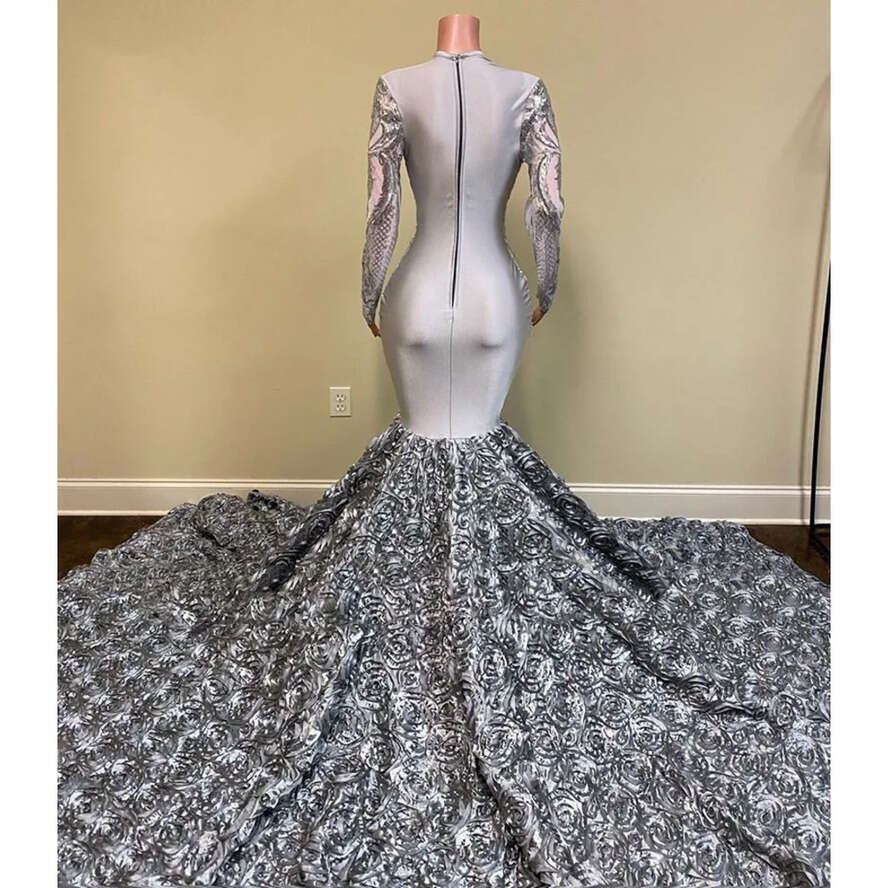 Long Sier African Girls Prom Dresses 2022 Mermaid V Neck Full Sleeve 3D Wers Train Women Formal Party Evening Gown Pro232