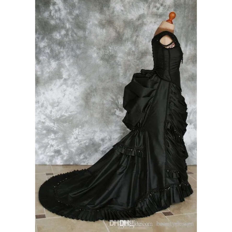 Wedding Gothic Beaded Victorian With Train Vampire Ball Masquerade Halloween Black Bridal Dress Steampunk Goth Th Century