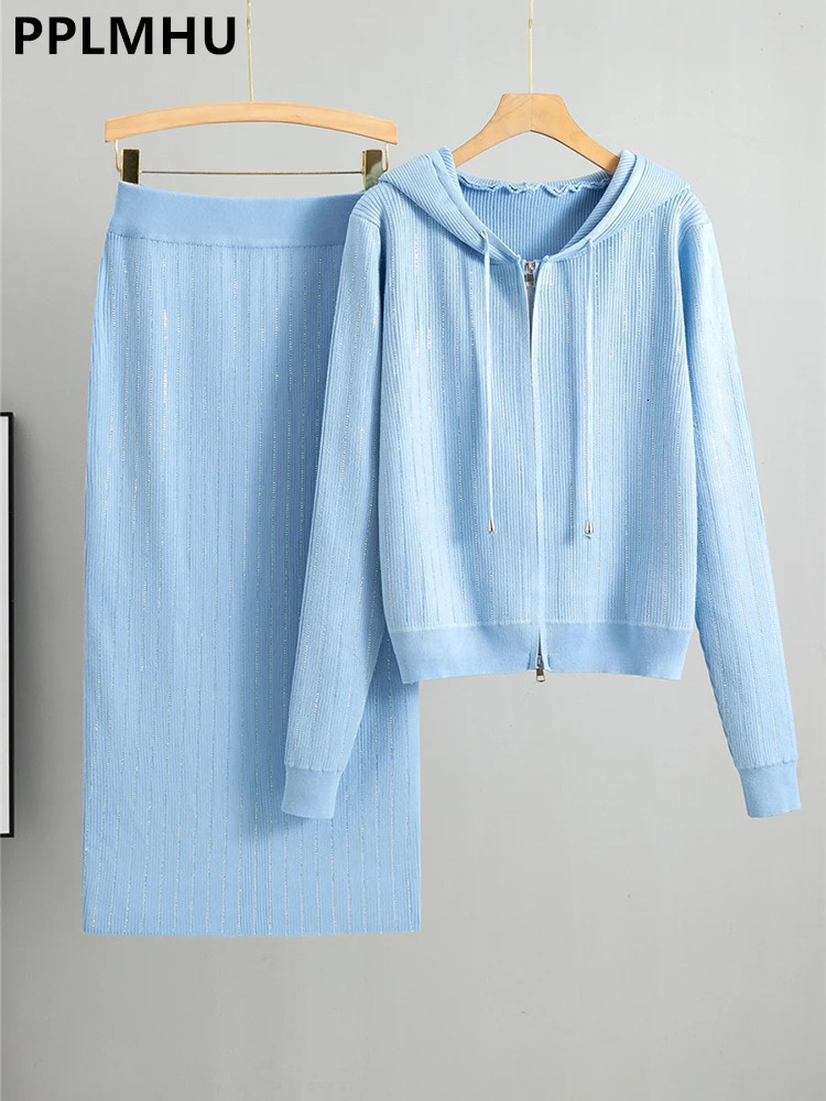 Hoodie Knitted Sweater 2-piece Set Womens Diamond Striped Ultra Thin Dress Conjuno Fashion Sweater Cardigan Ensemble Faldas Set 241017