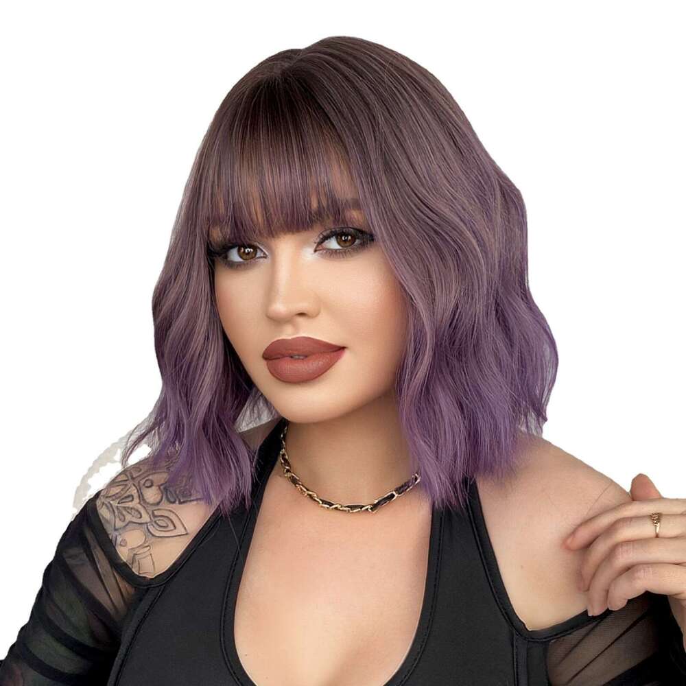 Purple Water Ripple Wig, Female Pear Blossom Short Curly Hair, Air Bangs, Synthetic Headband, Hair Wig