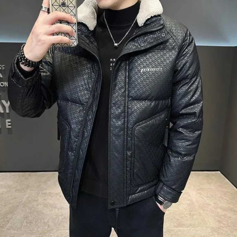 Winter mens leather jacket mens short sleeved cashmere collar coat thick warm and casual plus size solid color coat X241017