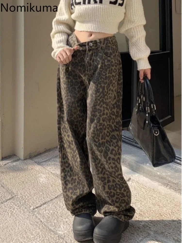 Vintage Leopard Print Pantalon Femme Wide Leg Pants Women High Waist Straight Y2k Jeans Casual Fashion Korean Jean Trousers 241017