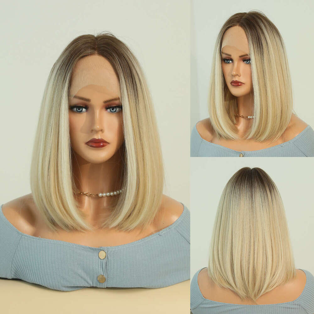 Women's Shoulder Length With Full Head Golden Highlights, Small T-Front Lace Wig, Synthetic Fiber Hand Woven Wig
