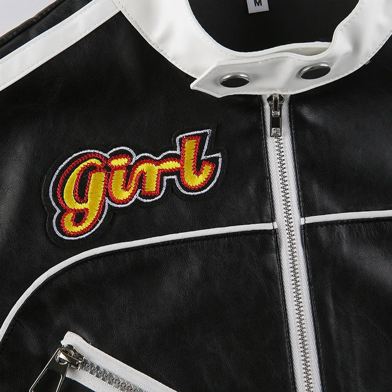 Womens crop bomber jacket synthetic leather long sleeved letter printed short baseball Jakcet streetwear womens fashion jacket 241017