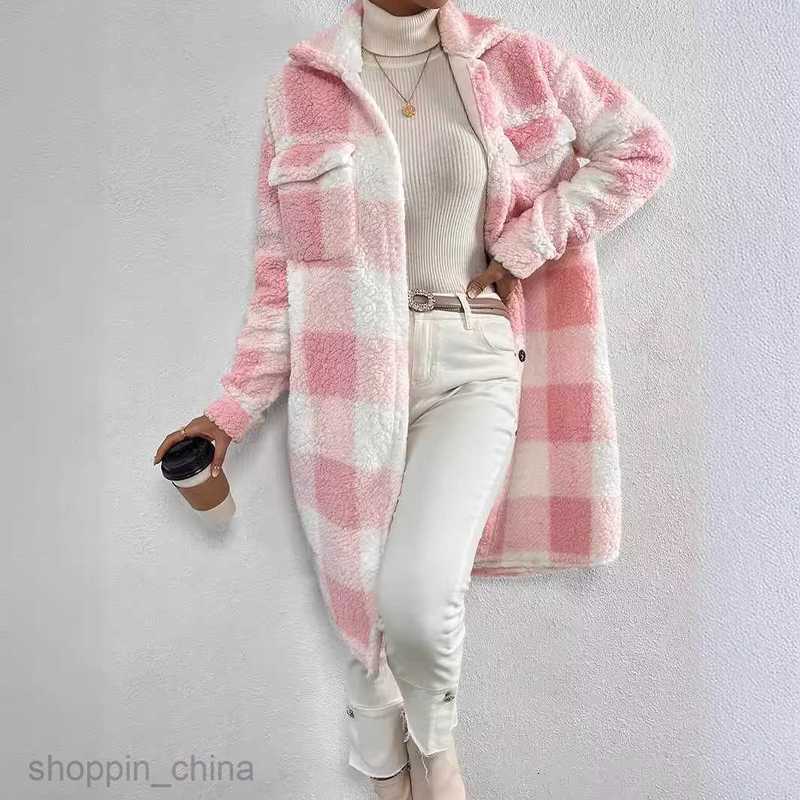 Women Jackets Coats Autumn and Winter Open Collar Plush Checkered Coat Loose Temperament Commuter Long Coat for Women