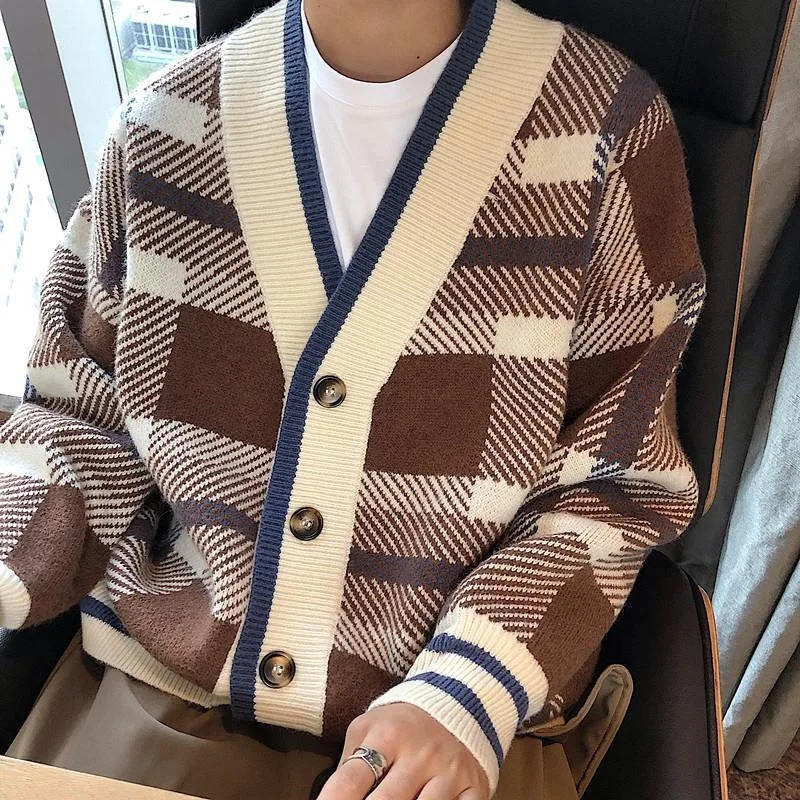 Autumn Mens Knitted Plaid Printed Buttons Cardigan Sweater Long Sleeve Streetwear Leisure Coat Fashion Check Knitwear 241017