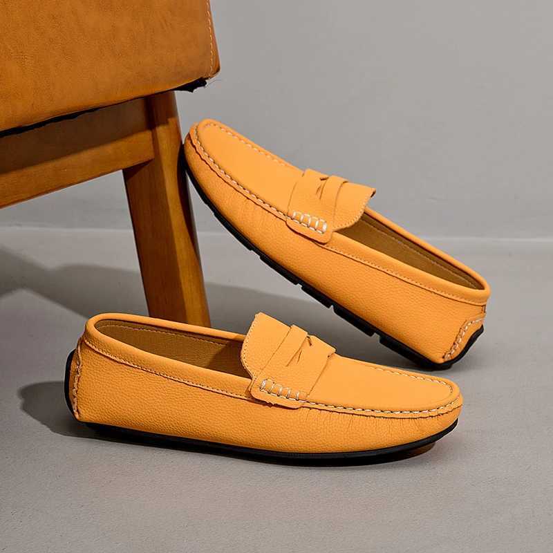 Luxury Yellow Leather Casual Shoes Men Loafers Comfortable Slip- Flat Shoes Men Big Size 38-49 Mens Designer Shoes XJ250614