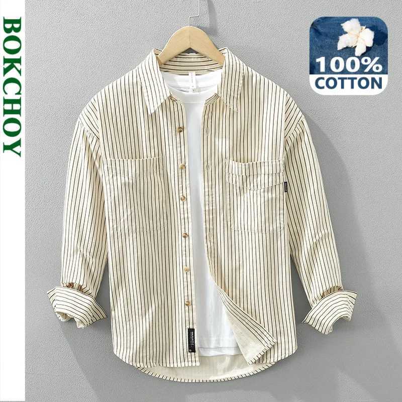 2024 Spring New 100% Cotton Simple Striped Long Sleeve Shirts for Men Clothing Solid Color Loose Soft White Shirt CM6968 LX241017