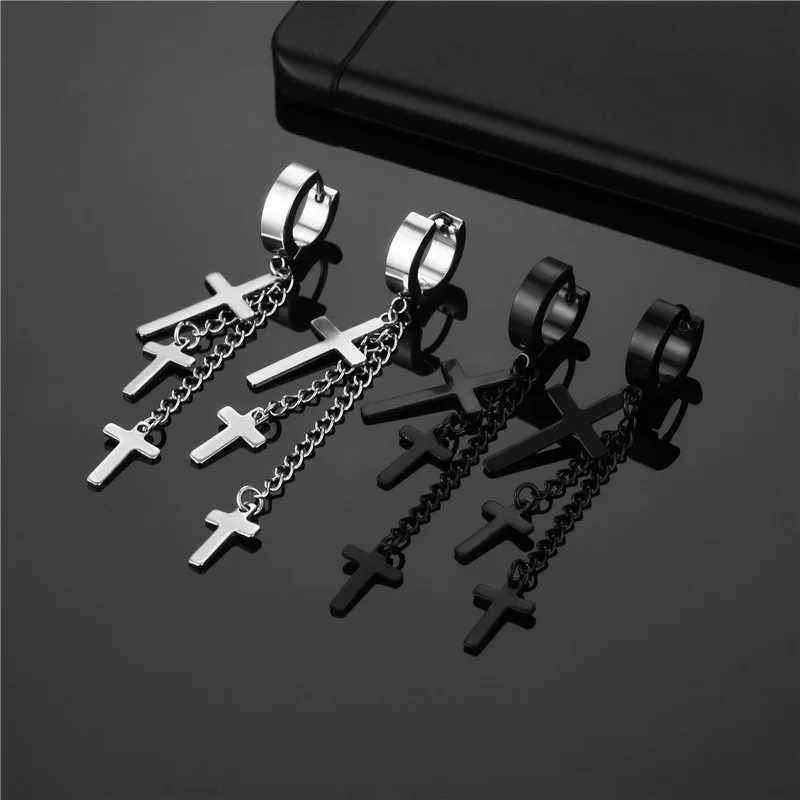 Kiss Jewelry Punk Titanium Steel 3 Cross Tassel Drip Earclip Stud Earnail Mens Silver Black Gothic Perforated Earring W241017