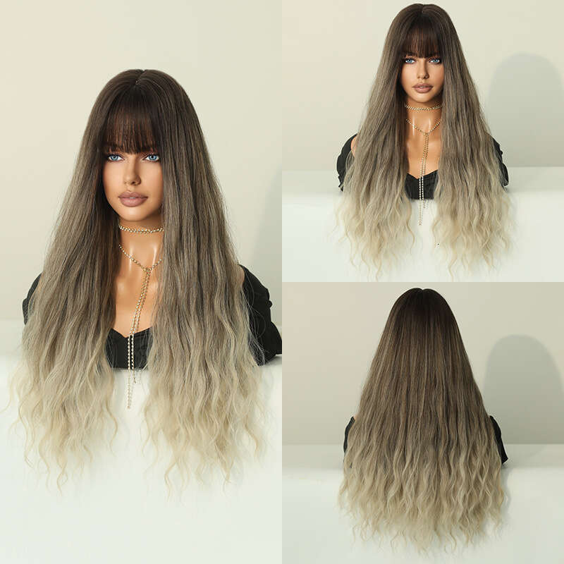 Brown Gradient Wig With Bangs, Long Curly Hair, Big Waves, Women's Headband