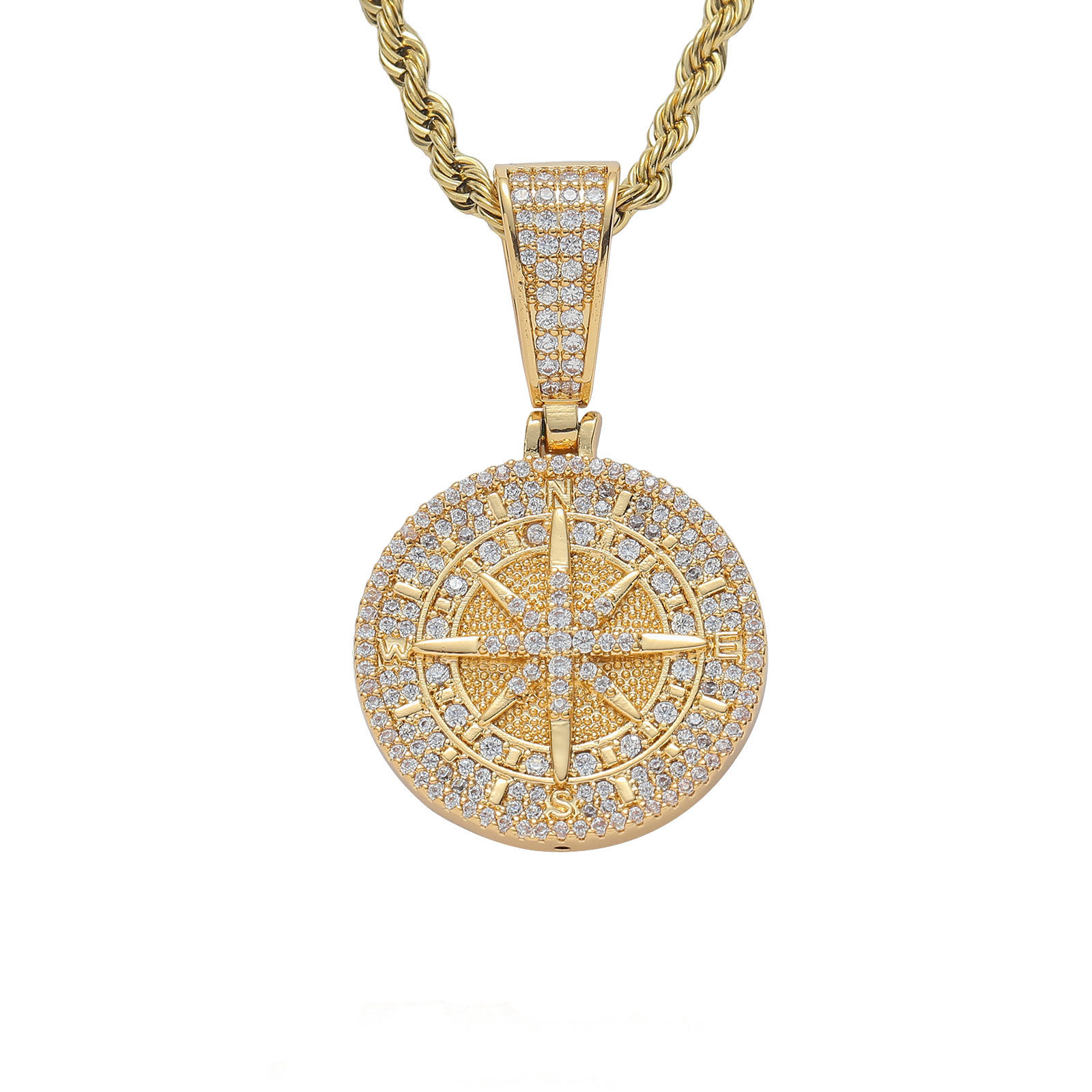 Hip Hop Compass Pendant Necklace Full 5A Zircon Men Women Couple Jewelry Gift