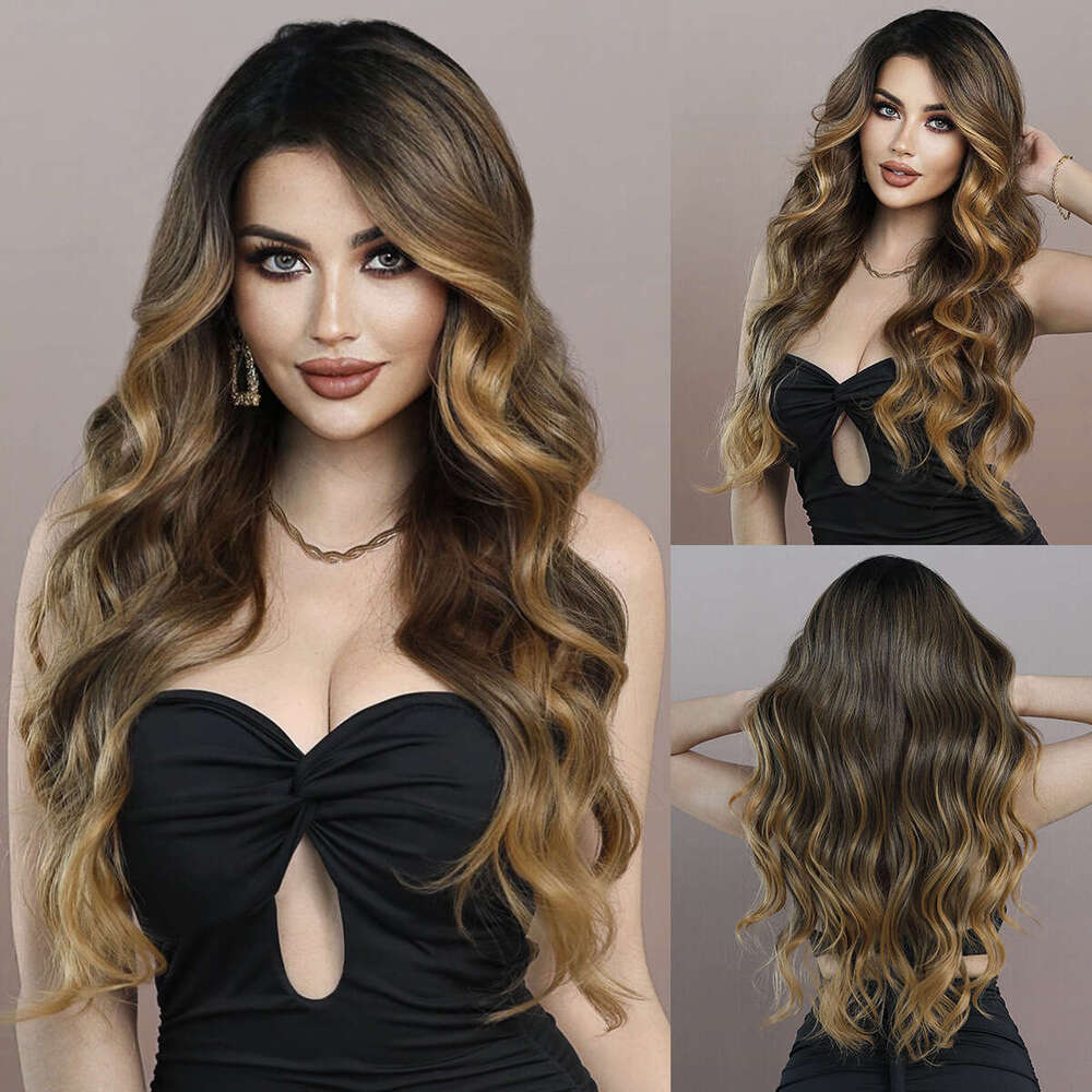 T Women's Wig Side With Brown Gradient Waves, Long Rolled Synthetic Lace Wig, Full Top