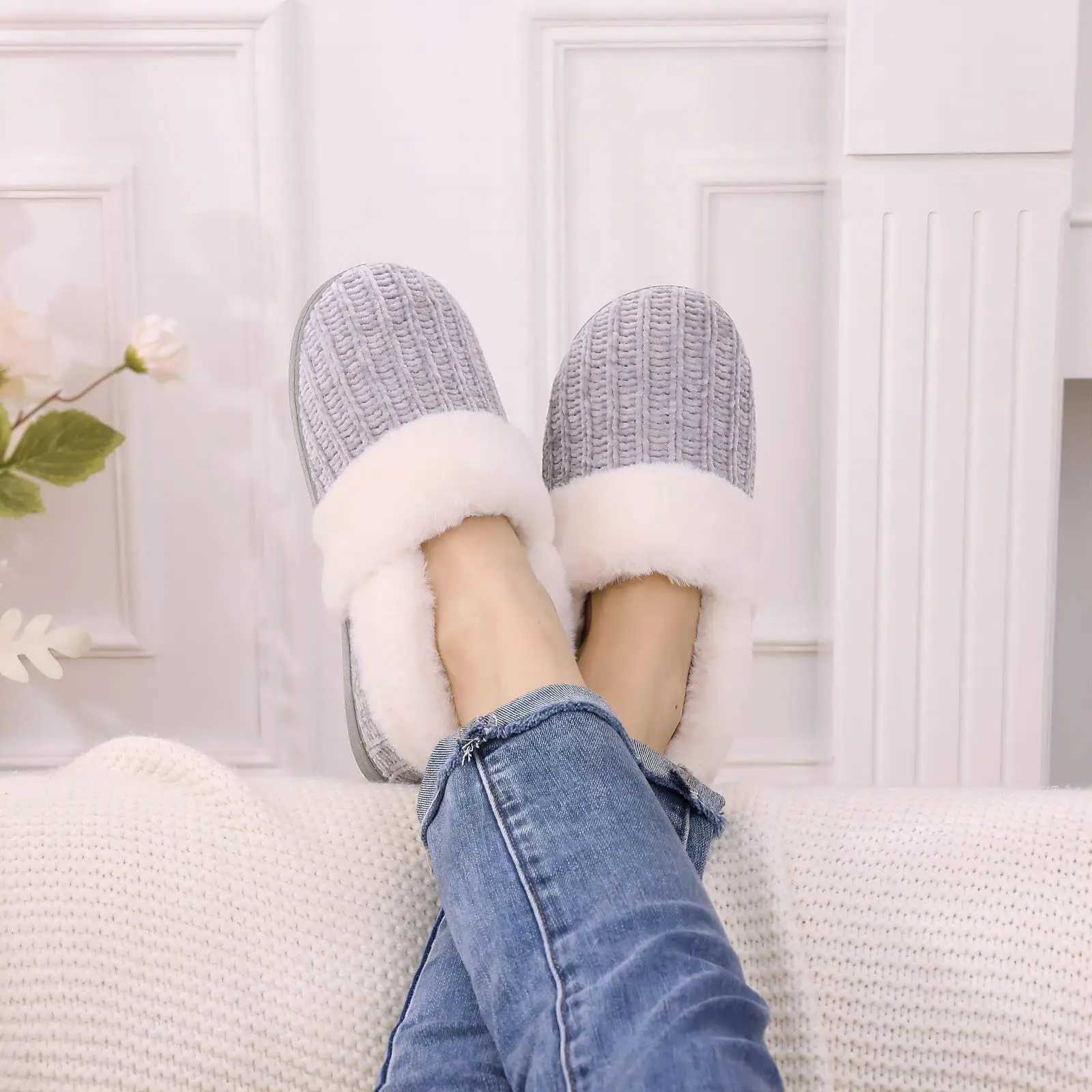 Pallene Womens Winter Warm Fur Knitted Slider Indoor Non slip Fur Fluffy House Slider with Memory foam Wool Lining Flat ShoesCL241017
