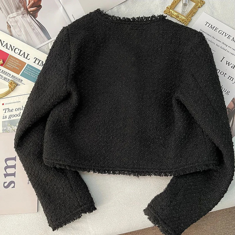 Rimocy 2024 Tweed Cropped Jackets for Women Elegant Short Single-Breasted Coats Woman Korean Chic Black V Neck Jacket Female 241017
