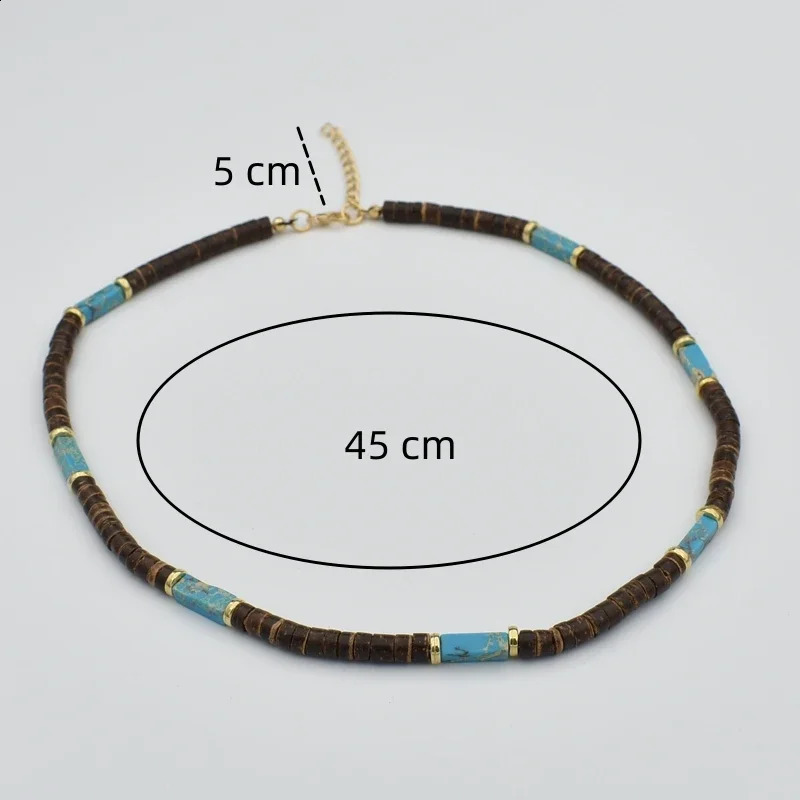 Retro pastoral style bead necklace mens natural coconut shell blue-green stone surfing necklace mens tribal jewelry gift 241017