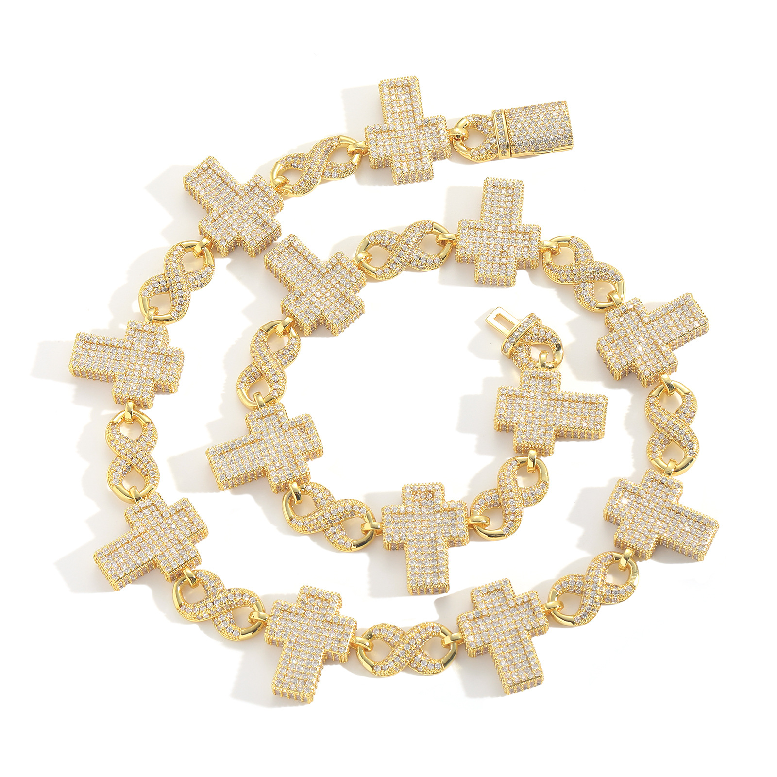 15mm Cross Infinite Chain Cuban Chain Necklace Bracelet 18K Gold Plated Jewelry