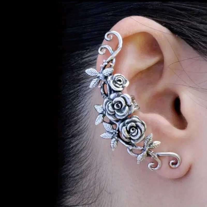 Huitan Aesthetic Flowers Clip Earrings Womens Rose Flower Climbing Earrings Fake Cuff Perforation Retro Elegant Womens Party Jewelry W241017