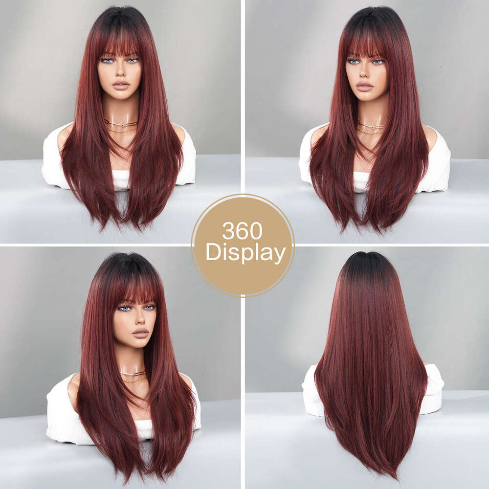 High Level Raspberry Red For Women With Long Hair, Straight Bangs, Dyed Synthetic Headband, And Wig