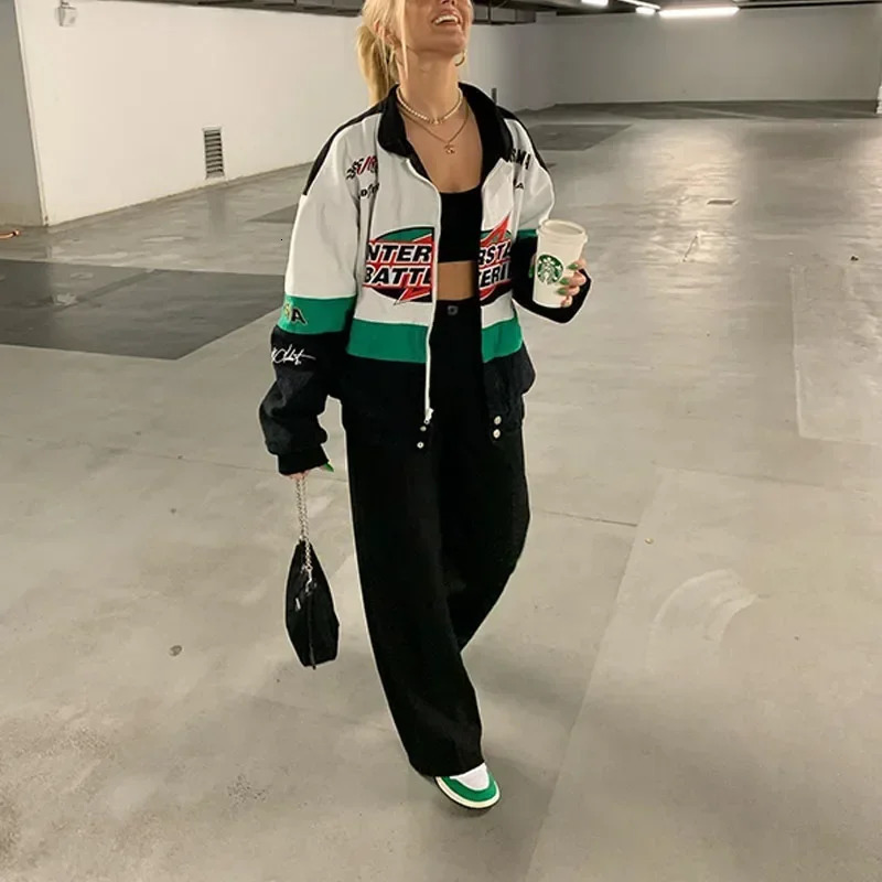 Cool girl print casual zipper long sleeved racing jacket winter clothing retro color lock women bomber jacket streetwear 241017