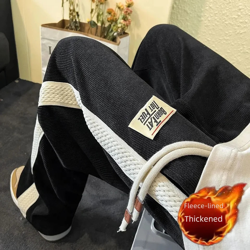 Mens winter wool lined Japanese style loose fit straight leg casual pants 241017