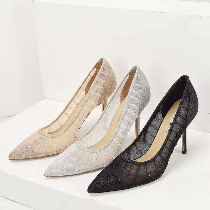 Women's Shallow Mouth Spring/Summer New Pointed High Sexy Banquet Lace Heels Fashionable Flat Sole Single Shoes