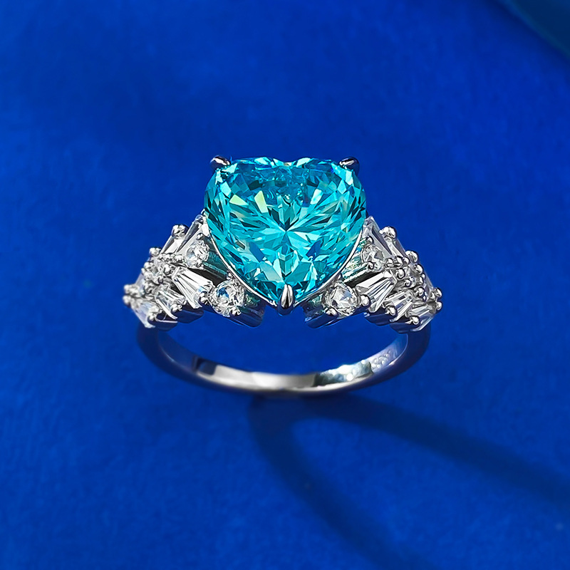 Unique Sterg Sier Aquamarine Moissanite Engagement Ring | Heart-Shaped Eternity Band