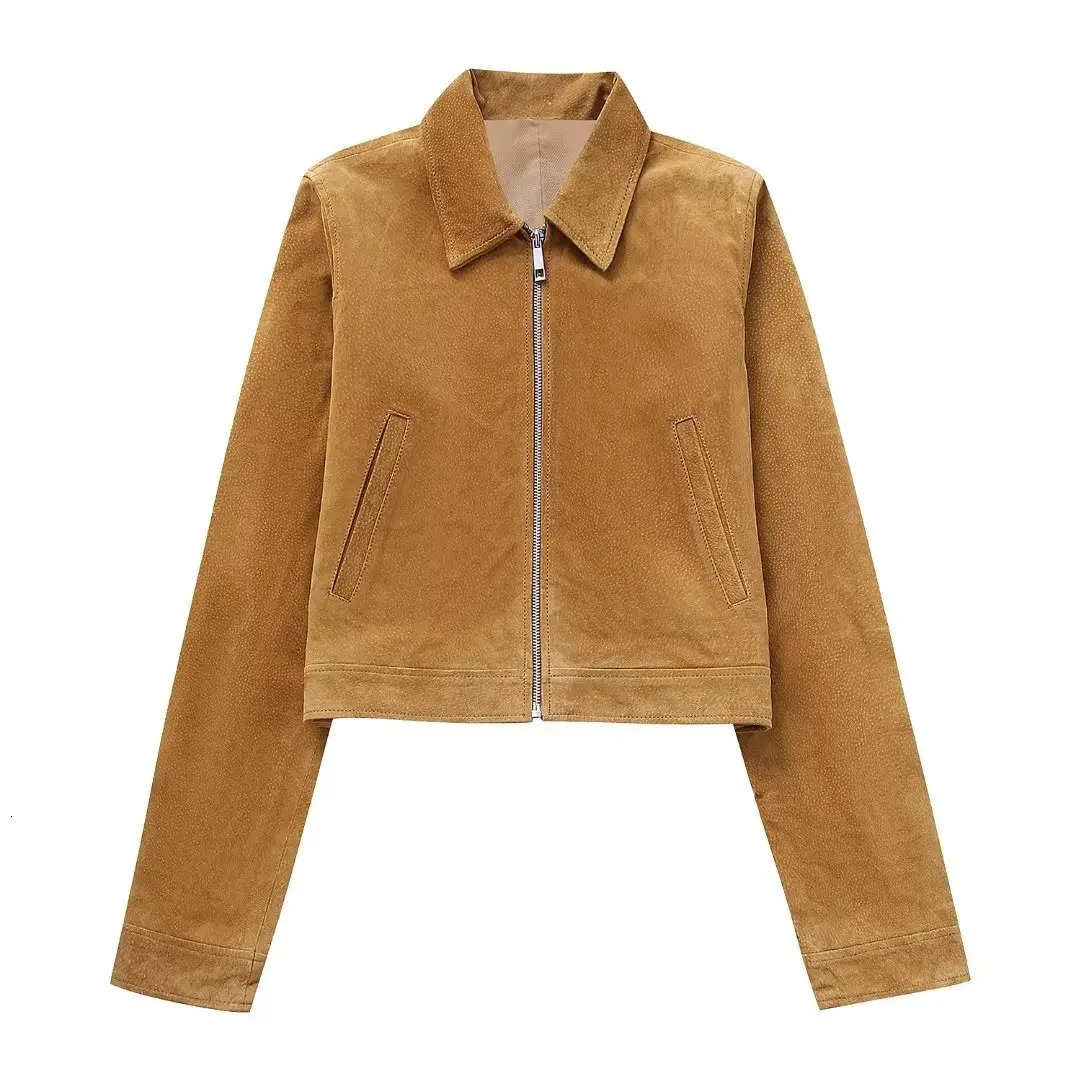 Womens Brown Zopper Short Coat Two-piece Autumn Winter 2024 Solid Color Lapel Suede Jacket Skirt Suit for Women 241017