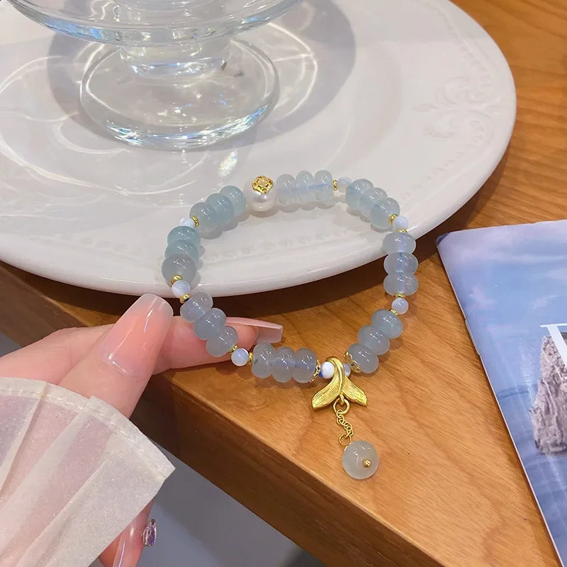 Elegant natural stone light blue Chalcedony beads womens bracelet gold fish tail flower pendant bracelet accessory 1252 241017
